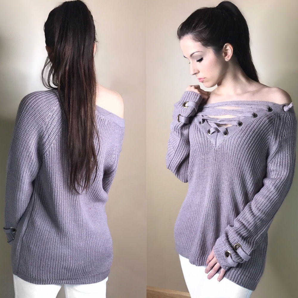 Dusty Mauve Lace Up Sweater - Picture 3 of 4
